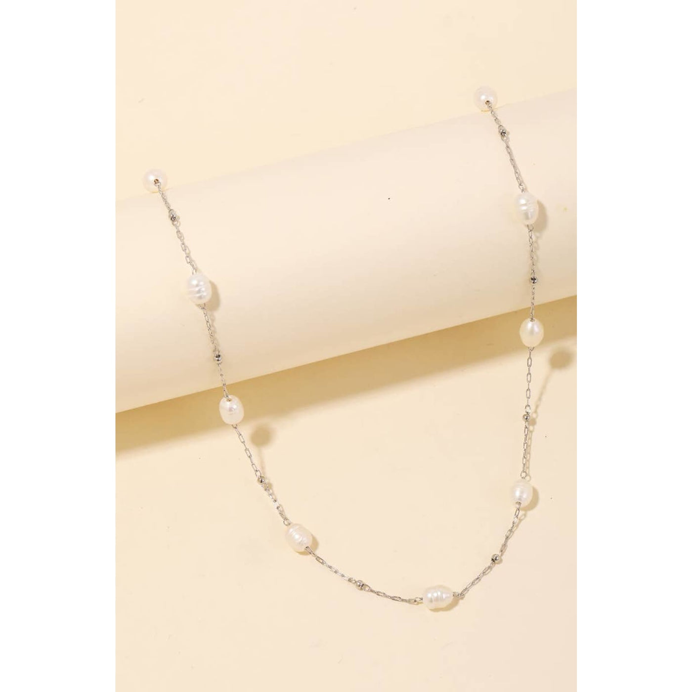 Pearly Beaded Chain Necklace - Silver - 190 Jewelry