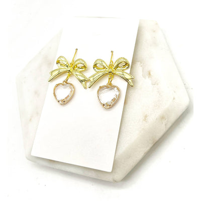 Bow Heart Crystal Dangle Earring - Gold - 190 Jewelry