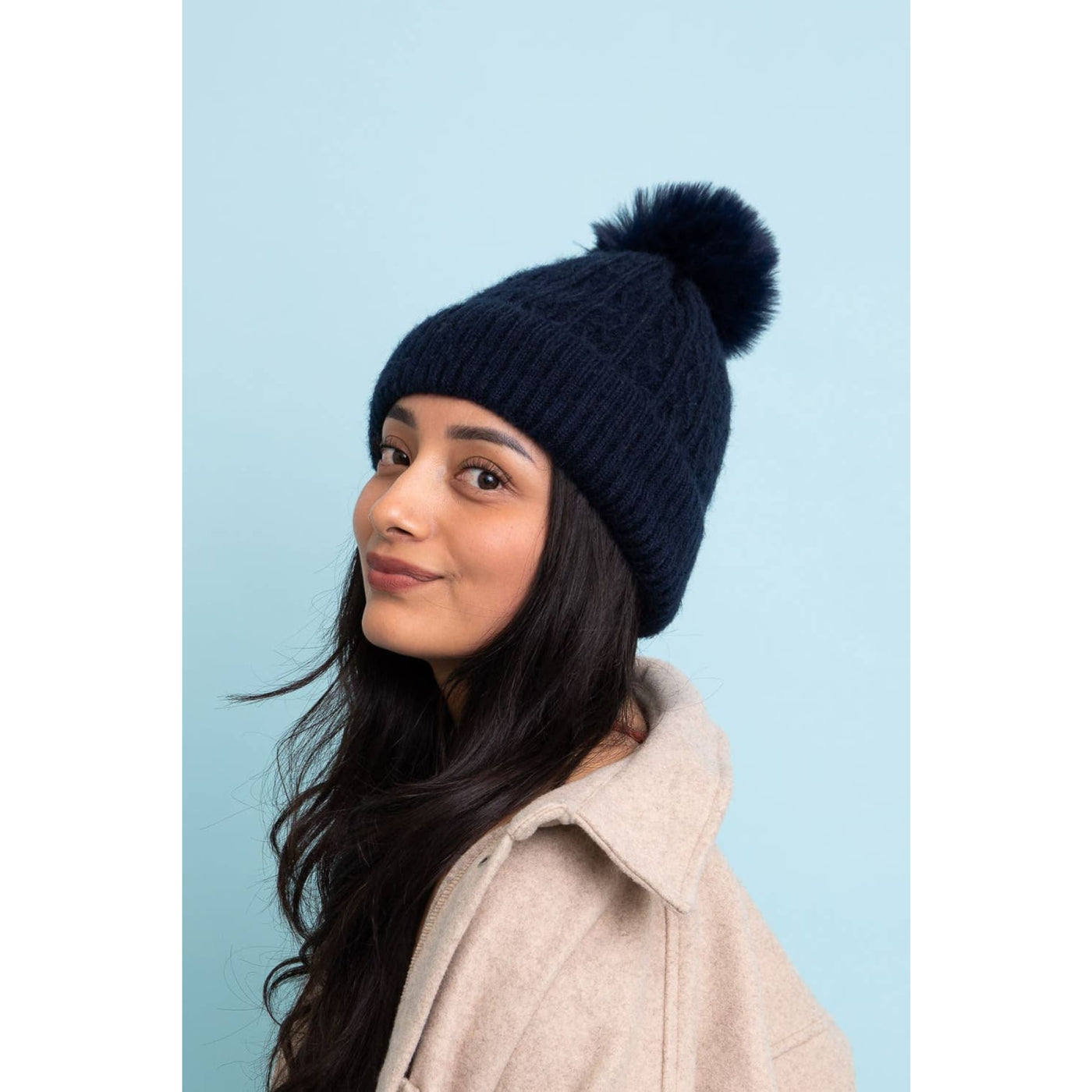 Cable Knit Cuffed Beanie - Navy - 210 Other Accessories