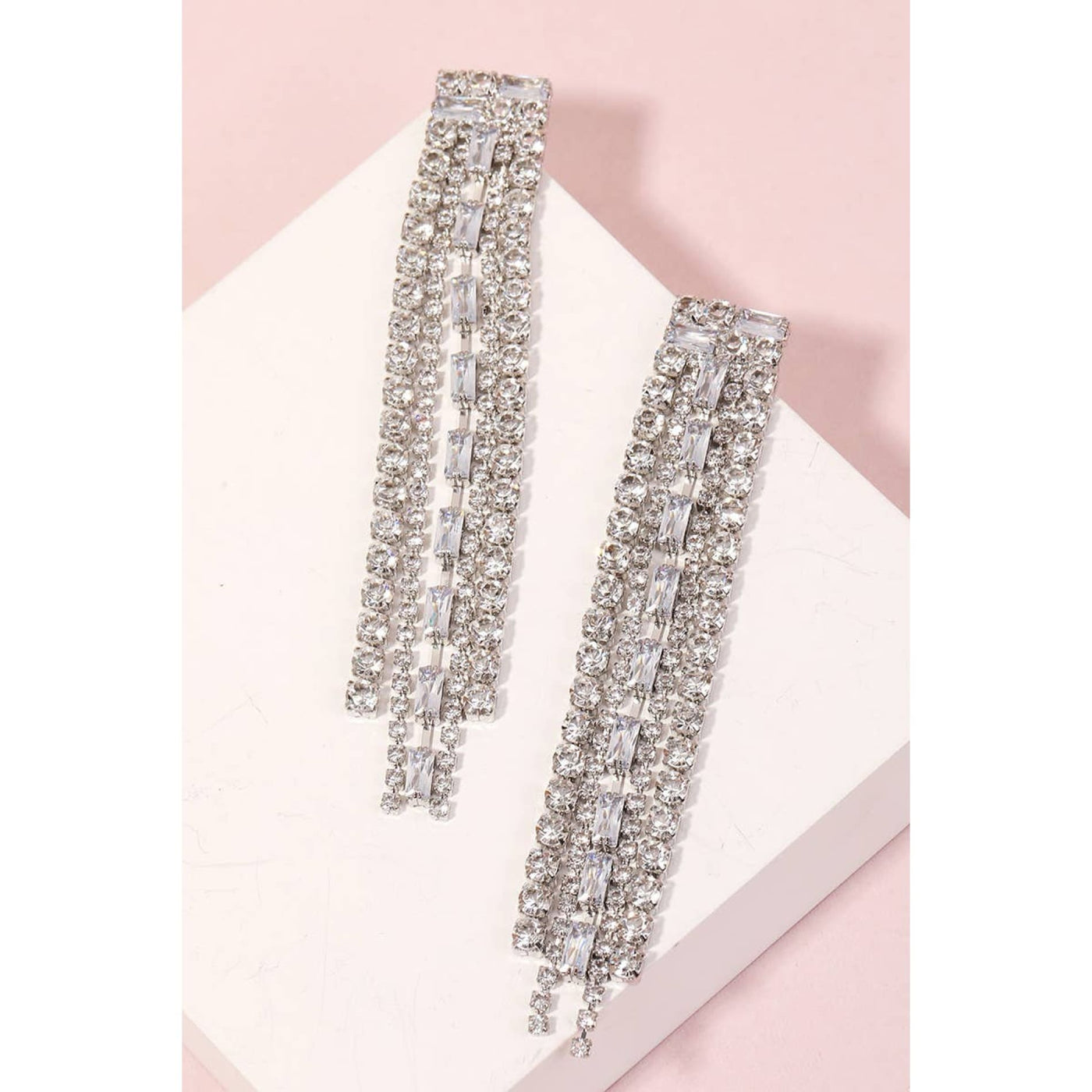 Chain Rhinestone Fringe Earrings - Silver - 190 Jewelry