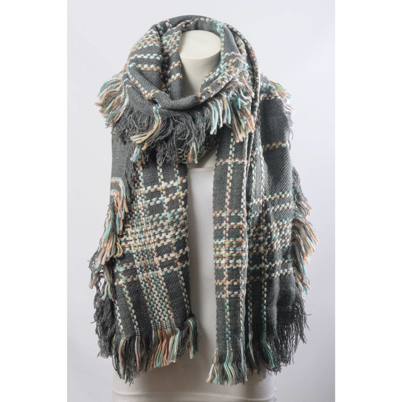 Chunky Multi Colored Plaid Scarf - Grey / 0123 - 210 Other Accessories