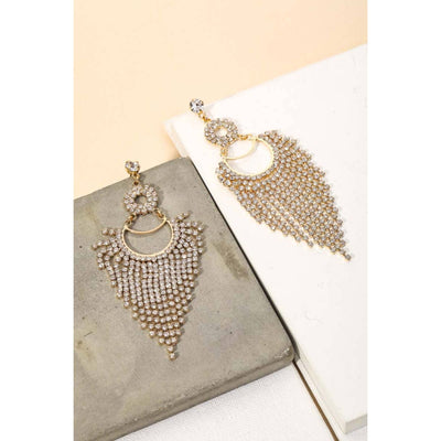 Circle Rhinestone Fringe Earrings - Gold - 190 Jewelry