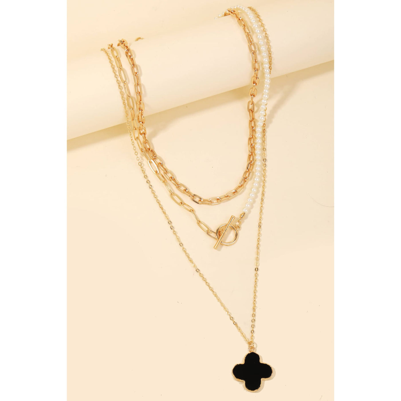 Clover Pendant Layered Necklace - Black - 190 Jewelry