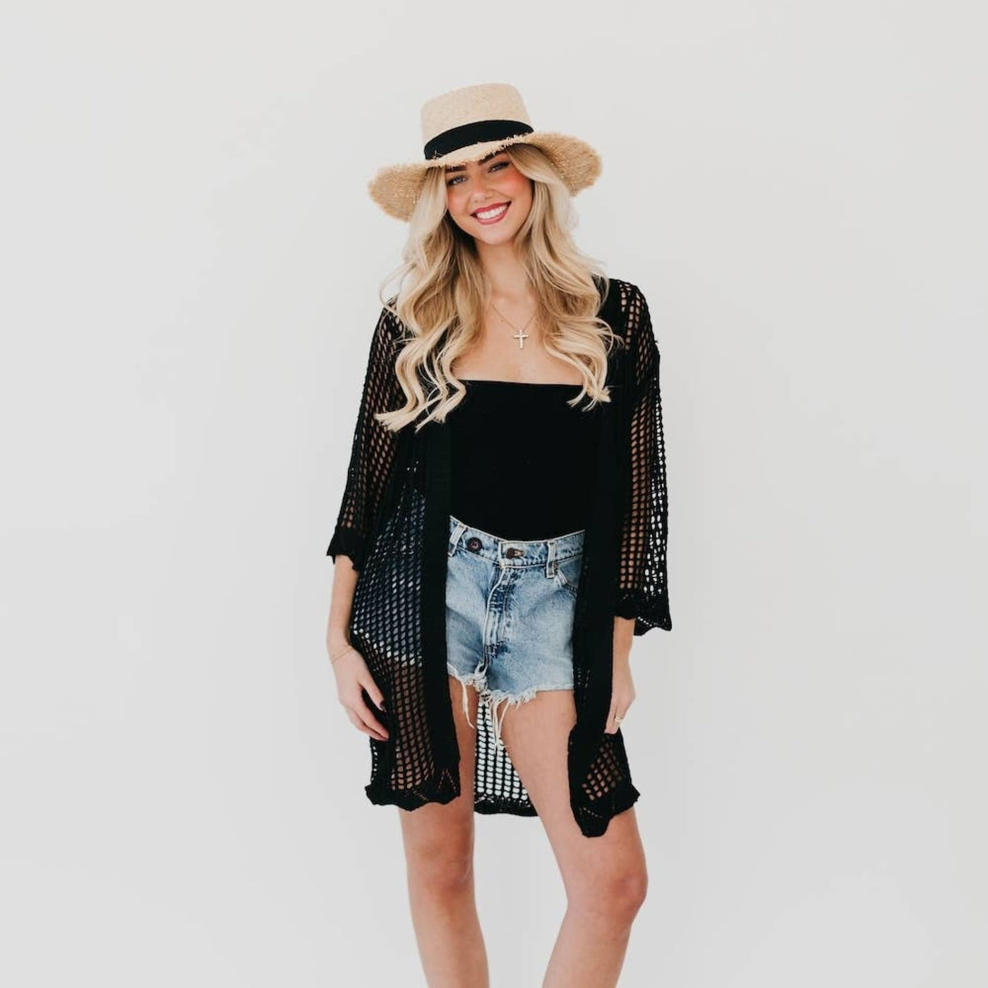 Coastal Views Crochet Tie Kimono - O/S / Black - 210 Other Accessories