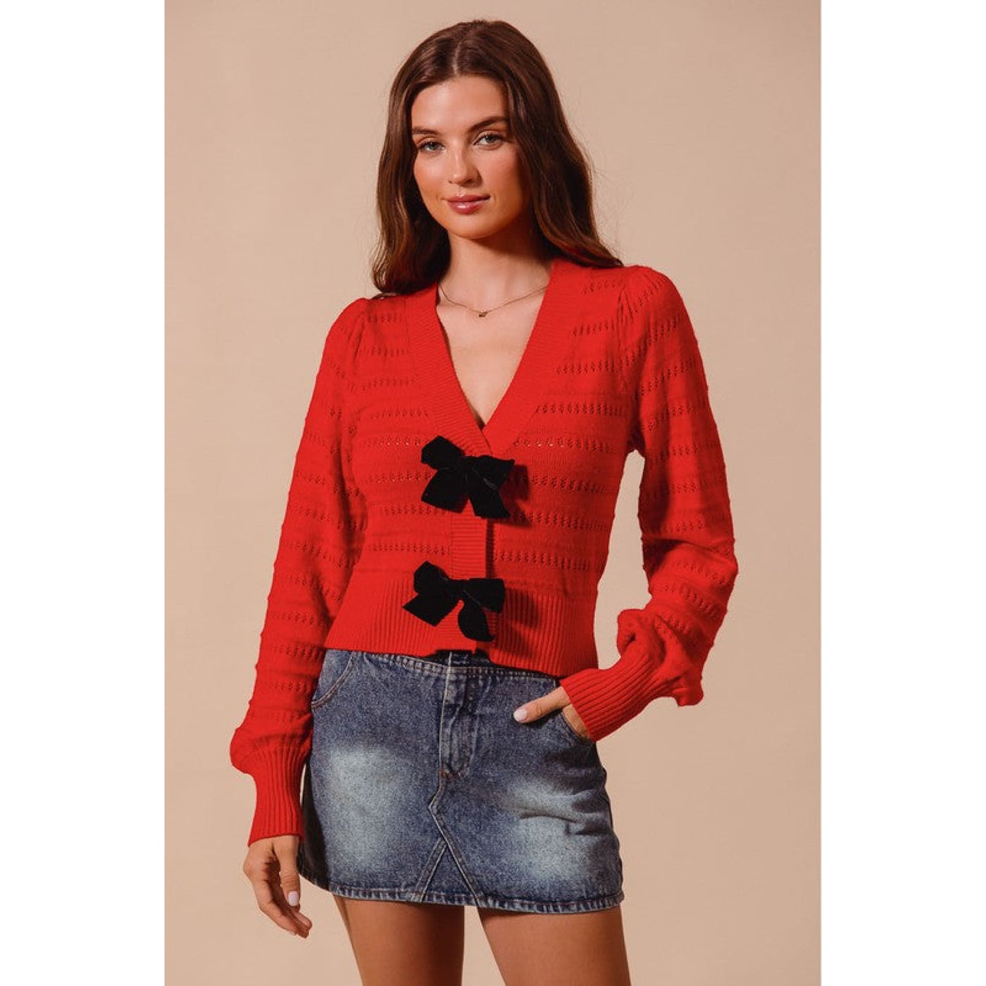 Dainty Bow Sweater Cardigan - S / Red - 130 Sweaters/Cardigans