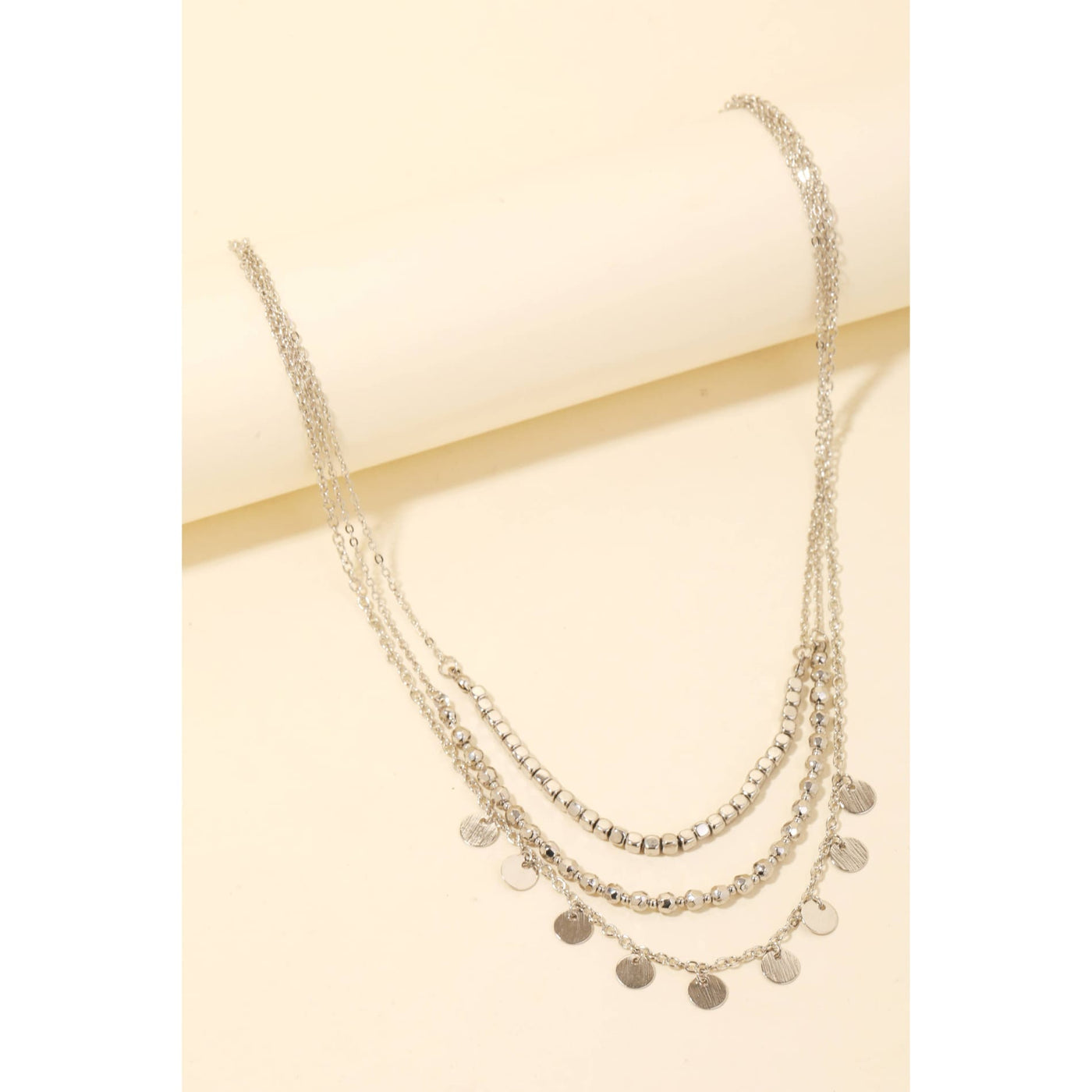 Disc Charms Beaded Chain Layered Necklace - Silver - 190 Jewelry