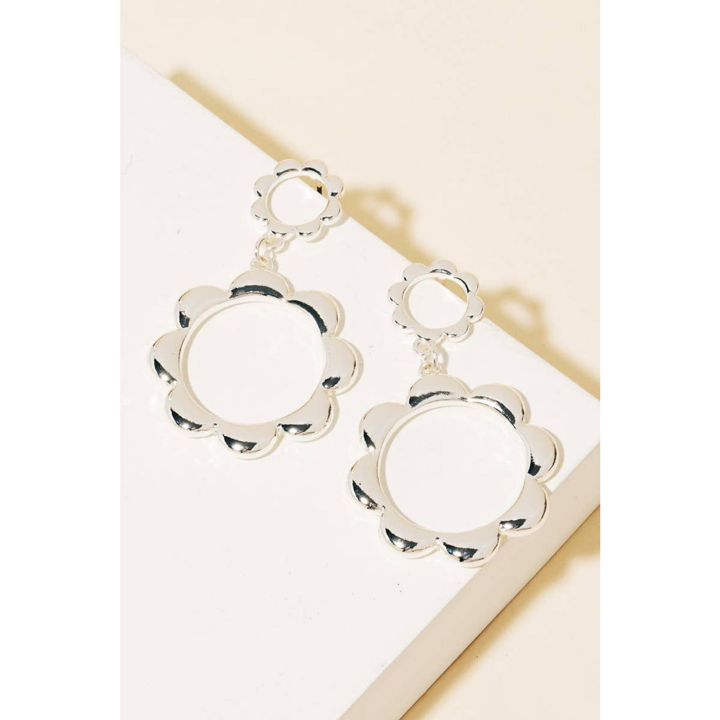 Double Flower Hoop Drop Earrings - Silver - 190 Jewelry