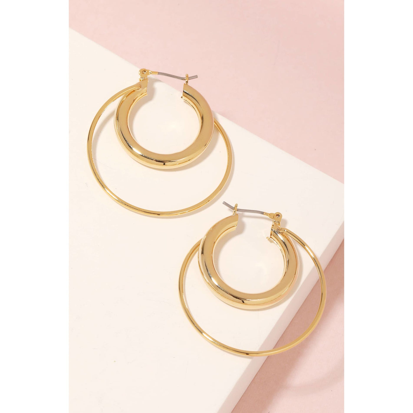 Double Layered Pincatch Hoop Earrings - Gold - 190 Jewelry