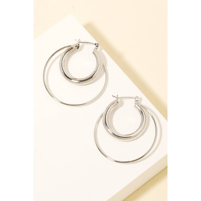 Double Layered Pincatch Hoop Earrings - Silver - 190 Jewelry