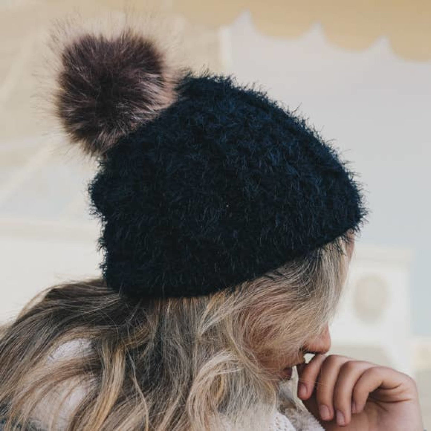 Faux Mohair Cable Knit Pom Pom Beanie - Black - 210 Other Accessories