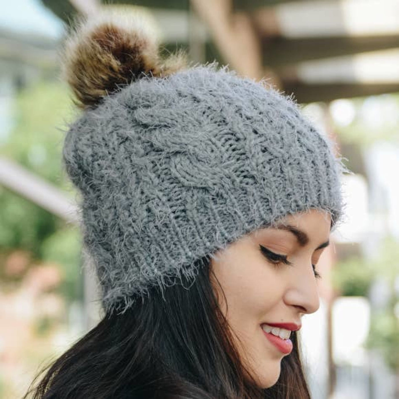 Faux Mohair Cable Knit Pom Pom Beanie - Grey - 210 Other Accessories