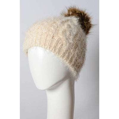 Faux Mohair Cable Knit Pom Pom Beanie - Ivory - 210 Other Accessories