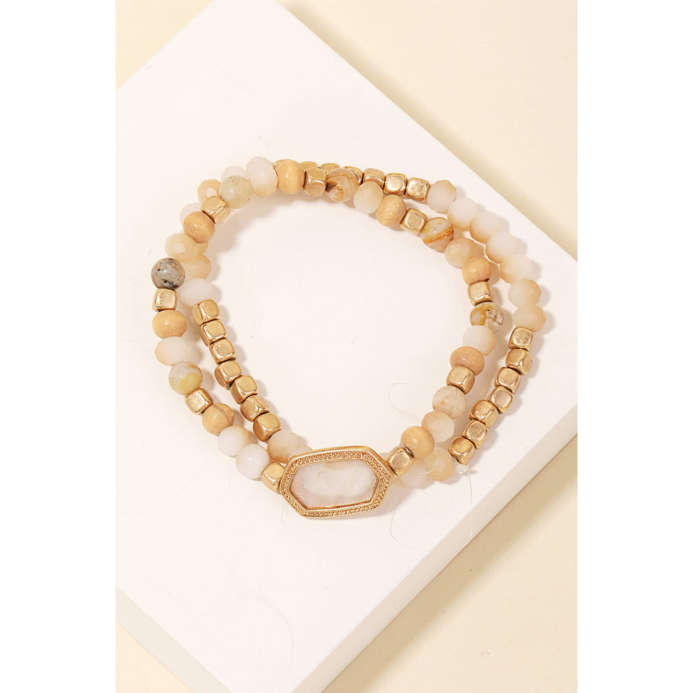 Flat Pearl Charm Layered Beaded Bracelet Set - Natural - 190 Jewelry