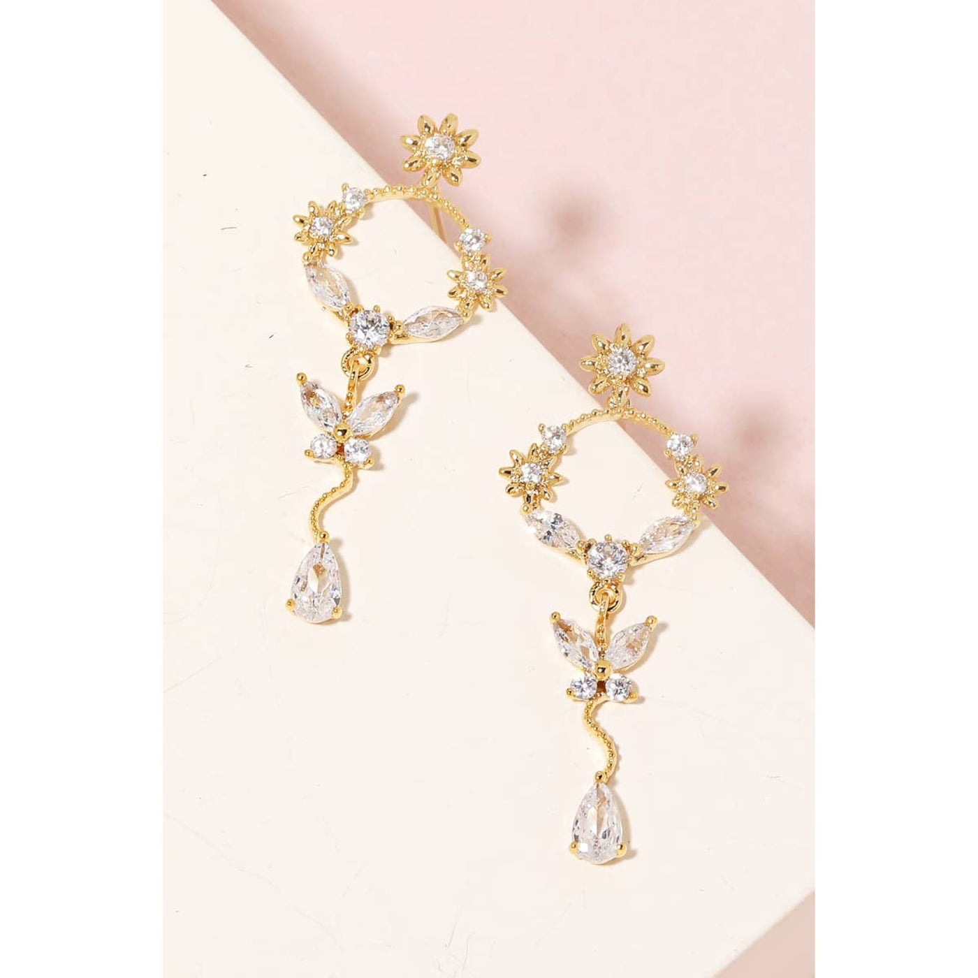 Floral Butterfly Teardrop Dangle Earrings - Gold - 190 Jewelry