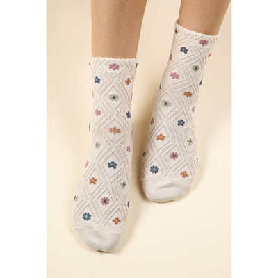 Floral Print Textured Crew Socks - Cream - 210 Other Accessories