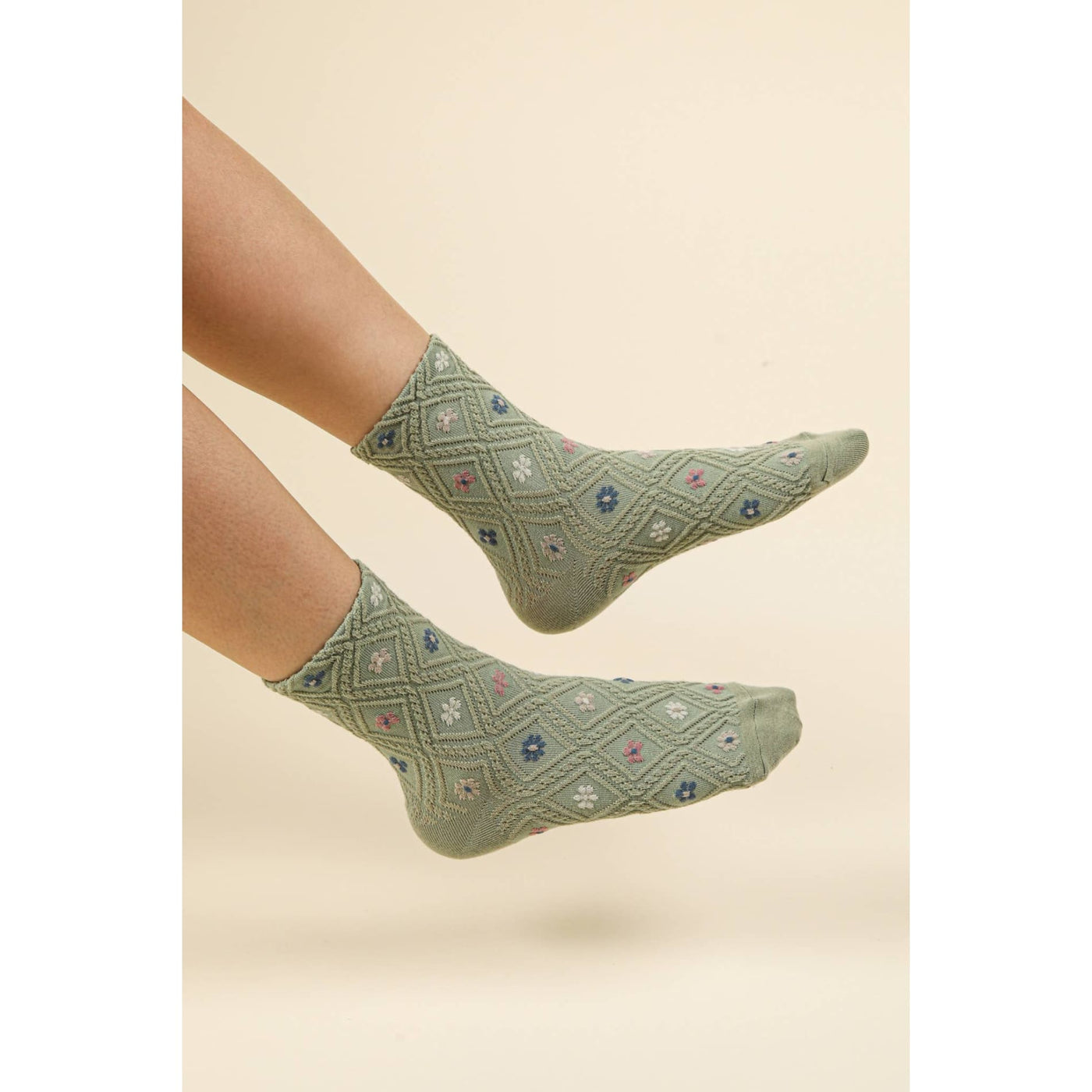 Floral Print Textured Crew Socks - Sage - 210 Other Accessories