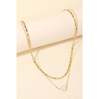 Layered Chain Pearl Charm Necklace - Gold - 190 Jewelry