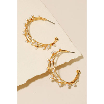 Layered Pearl Studded Hoop Earrings - Gold - 190 Jewelry