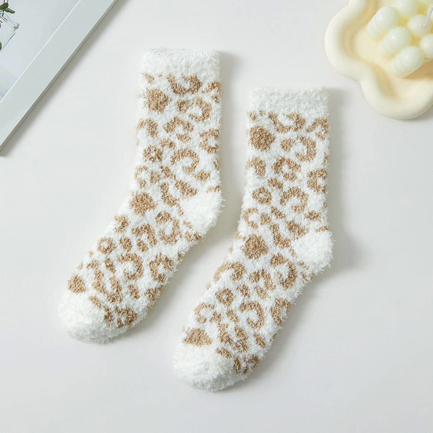 Leopard Patterned Cozy Socks - White/Tan - 210 Other Accessories