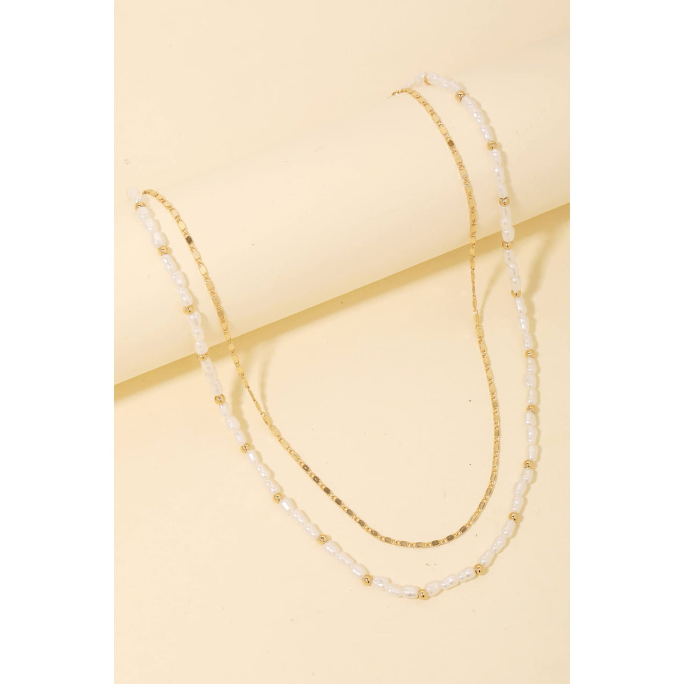 Pearl And Metallic Chain Layered Necklace - Gold - 190 Jewelry