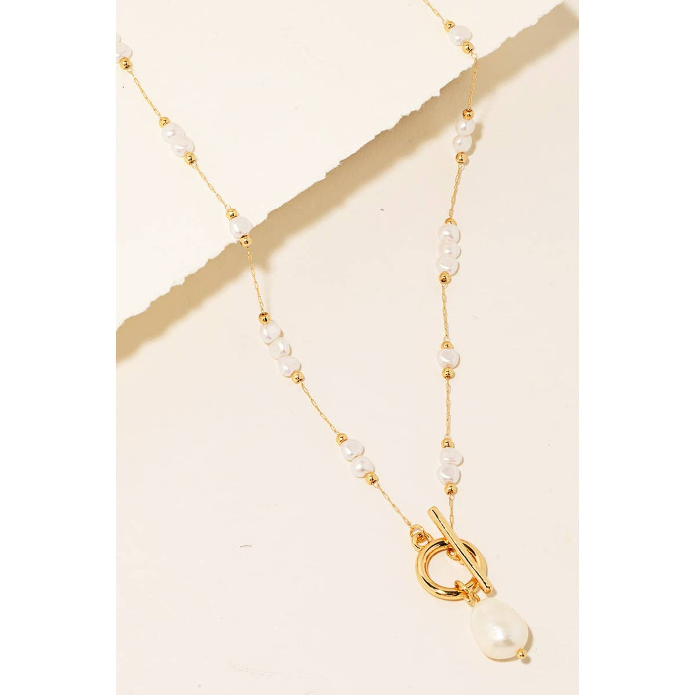 Pearl Bead Chain & Pendant Toggle Necklace - Gold - 190 Jewelry