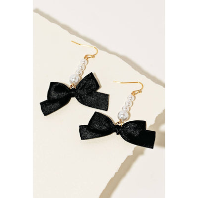 Pearl Beaded & Ribbon Bow Earrings - Black - 190 Jewelry