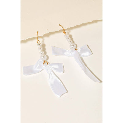 Pearl Beaded & Ribbon Bow Earrings - White - 190 Jewelry