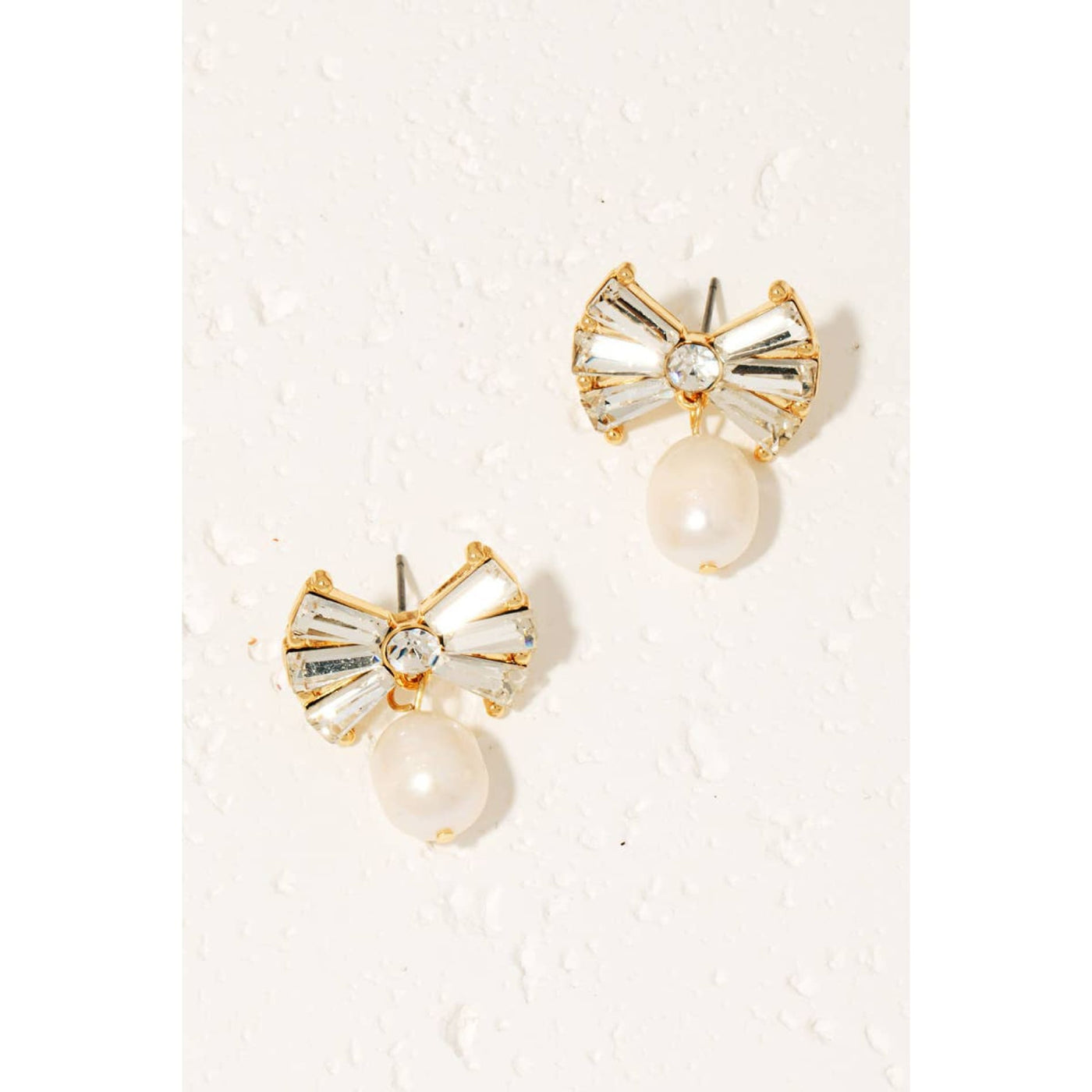 Pearl Charms Rhinestone Bow Stud Earrings - Gold - 190 Jewelry