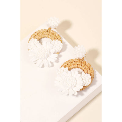 Raffia Flower Braided Hoop Drop Earrings - White - 190 Jewelry