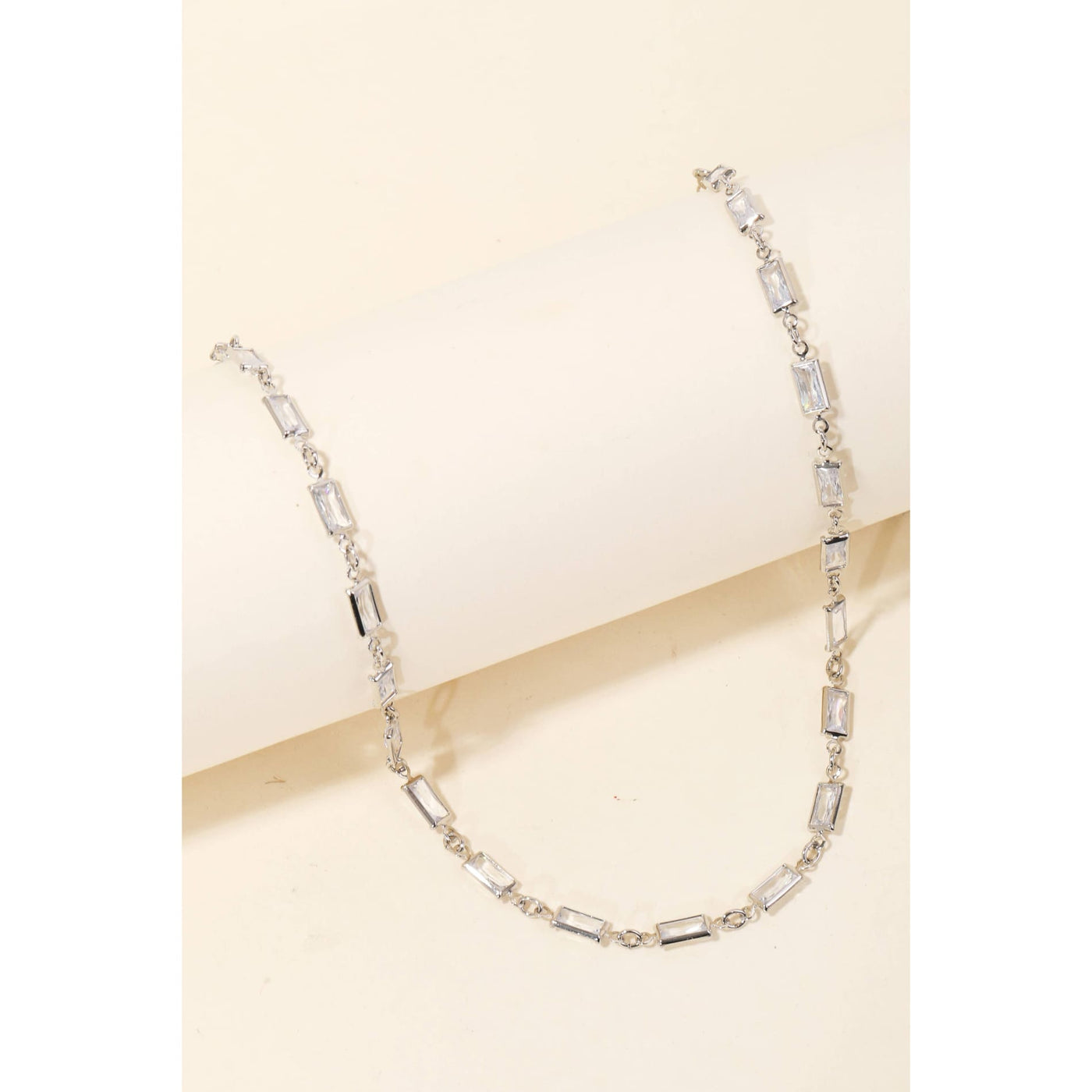 Rectangle Rhinestones Chain Necklace - Silver - 190 Jewelry