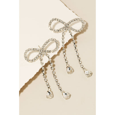 Rhinestone Teardrop Bow Earrings - Silver - 190 Jewelry