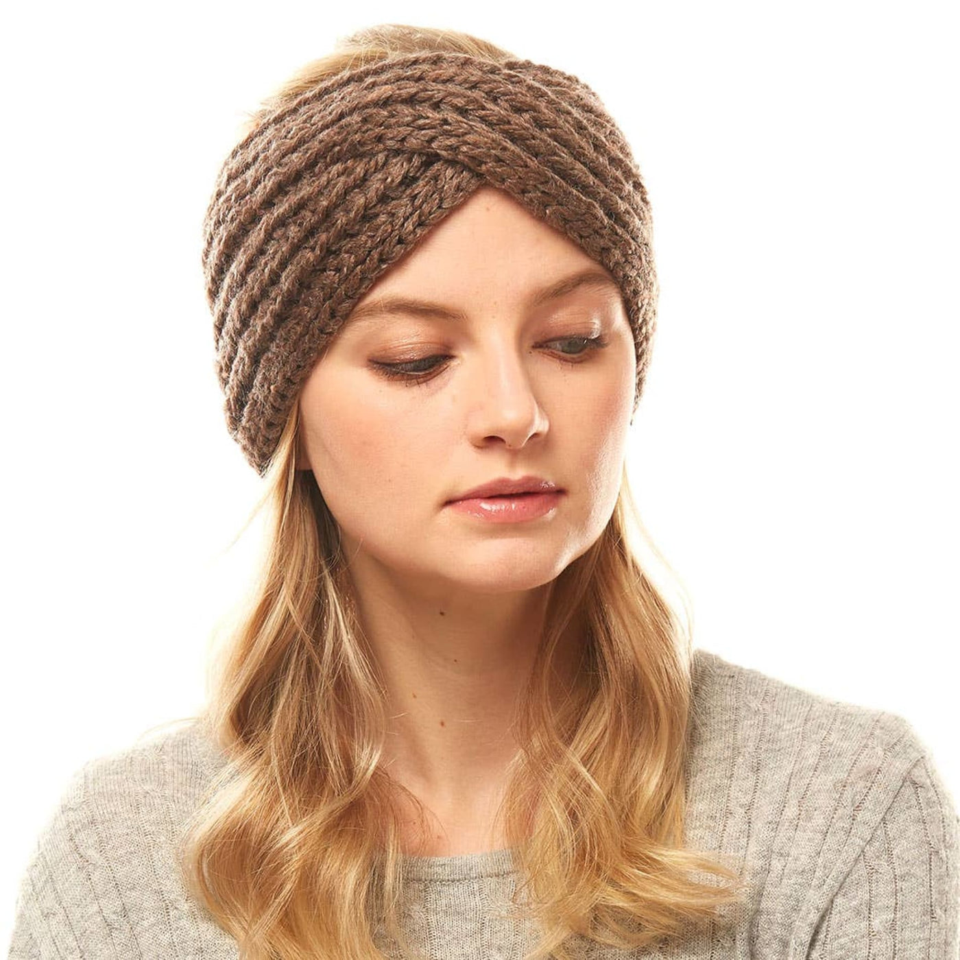 Solid Twist Wide Knitted Headband - Taupe - 210 Other Accessories