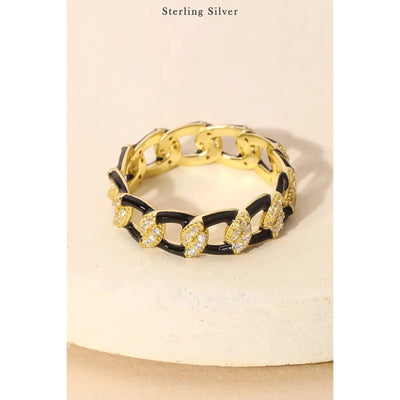 Sterling Silver Pave Curb Chain Ring - Black 190 Jewelry