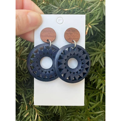 Sunburst Wood Circle Earrings - Navy - 190 Jewelry