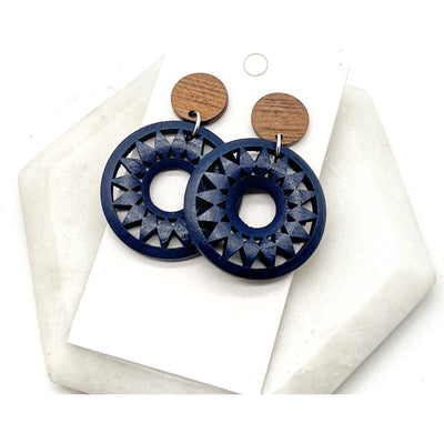 Sunburst Wood Circle Earrings - Navy - 190 Jewelry