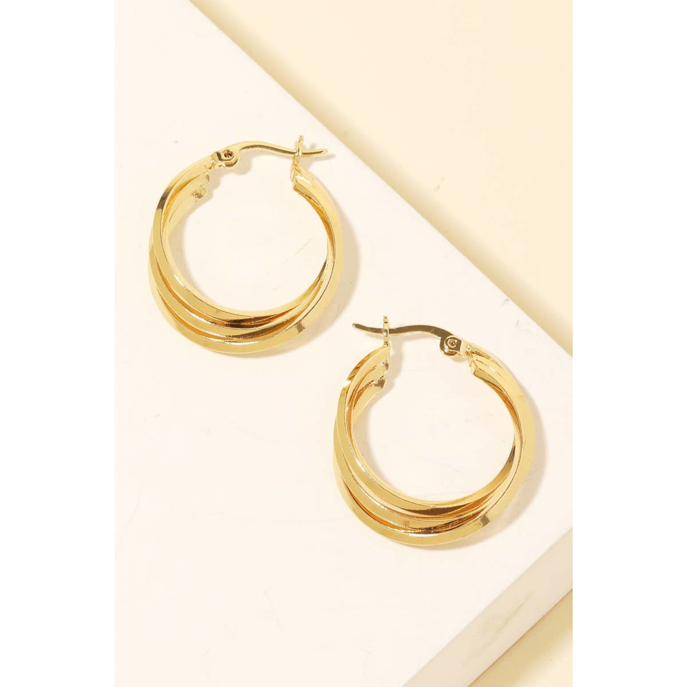 Triple Interlinked Latch Hoop Earrings - Gold - 190 Jewelry