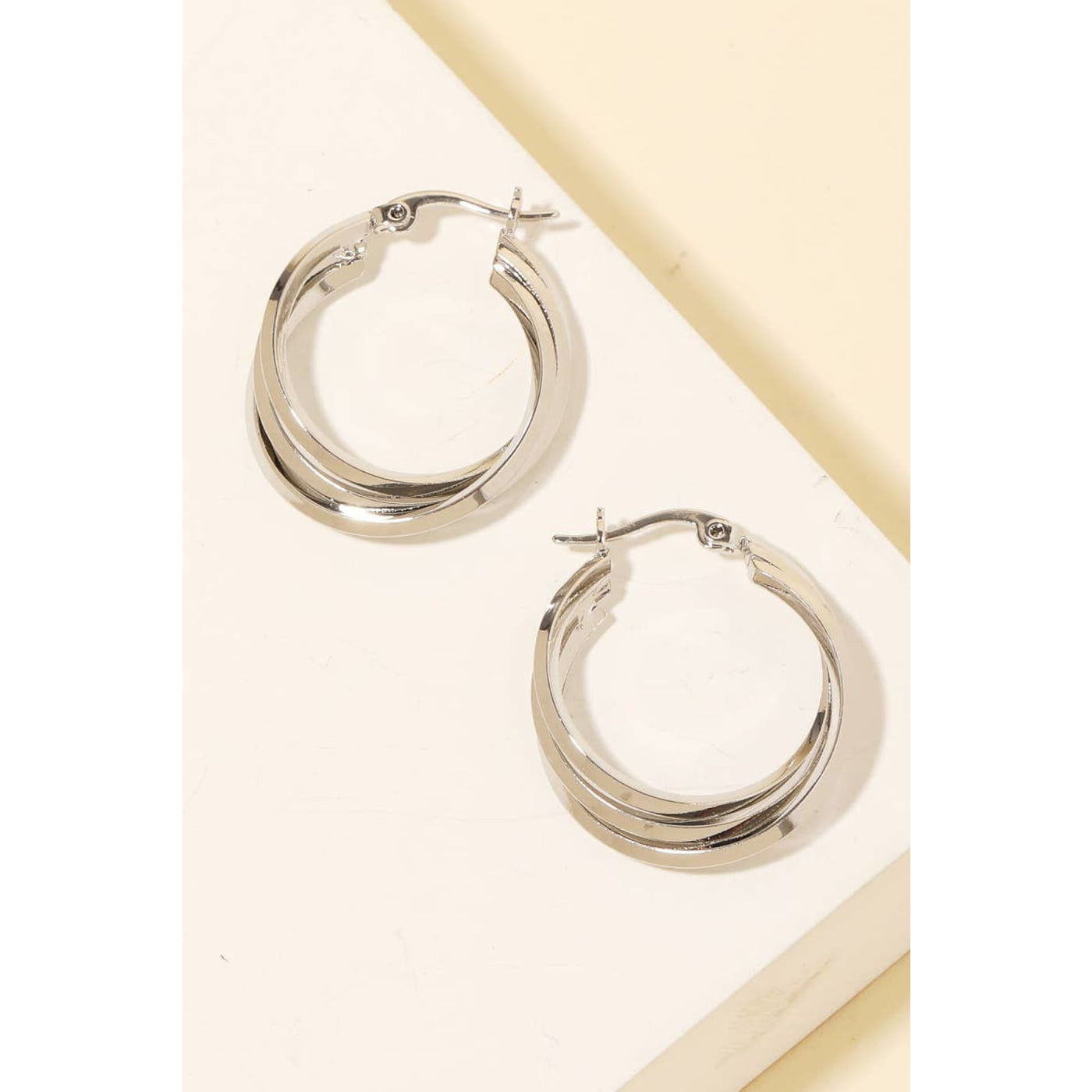 Triple Interlinked Latch Hoop Earrings - Silver - 190 Jewelry