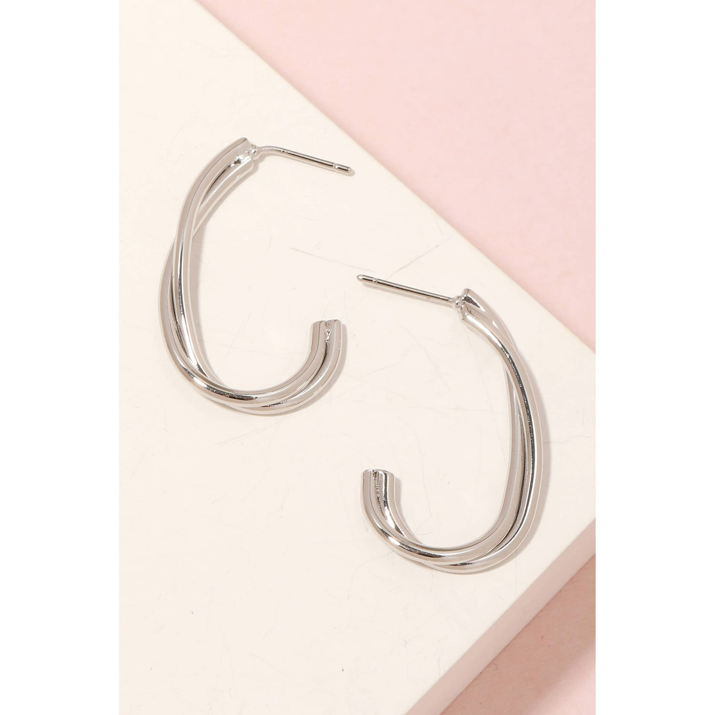 Twisted Metallic Oval Hoop Earrings - Silver 190 Jewelry