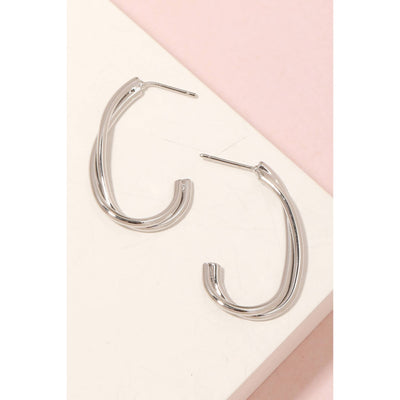 Twisted Metallic Oval Hoop Earrings - Silver 190 Jewelry