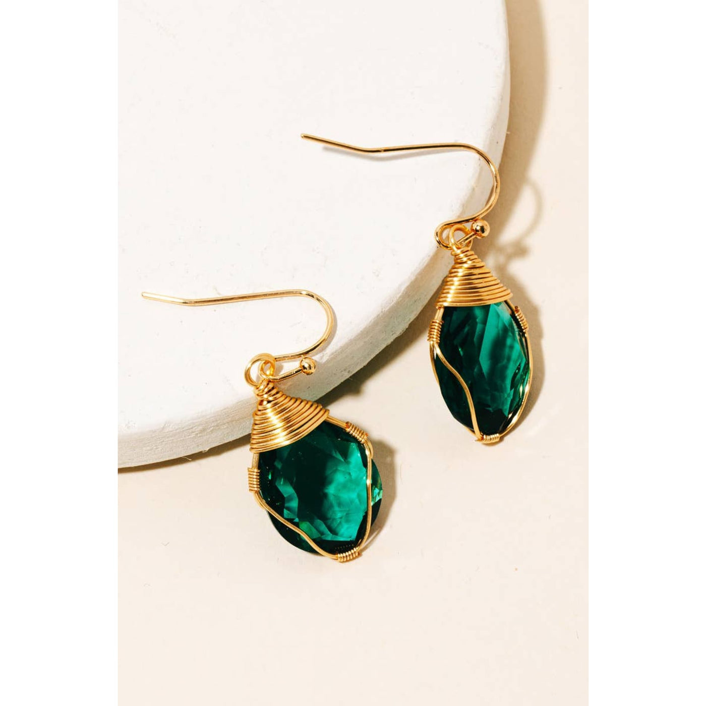 Wire Wrapped Glass Gem Earrings - Green - 190 Jewelry