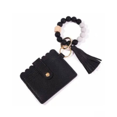 Wristlet Keychain Wallet - Black w/ Wood Bead - 210 Other Accessories