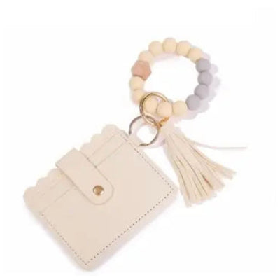 Wristlet Keychain Wallet - Cream w/ Wood Bead - 210 Other Accessories