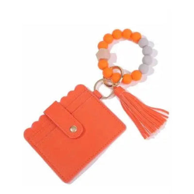 Wristlet Keychain Wallet - Orange w/ Wood Bead - 210 Other Accessories